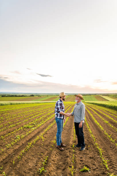 istock Two happy farmers shaking hands on an agricultural field. 1340905556