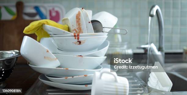 Dirty Dishes At The Domestic Kitchen Stock Photo - Download Image Now - Washing Dishes, Crockery, Sink