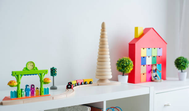istock Children's playroom with plastic colorful educational blocks toys. 1340910883