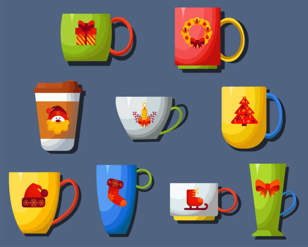 Flat design. Isolated. A set of mugs with Christmas drawings. Festive, Christmas mugs. A set of colored mugs filled with insulated drinks. Cute fashionable tableware with a handle for drinks. Flat design. Isolated. A set of mugs with Christmas drawings. Festive, Christmas mugs. tasse café stock illustrations