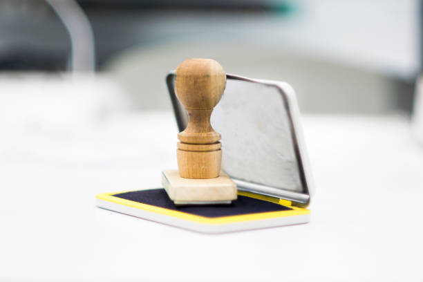 Desk with stamp and office supplies