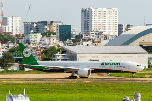 Ho Chi Minh City, Vietnam - ‎‎April 9, 2017 : EVA Air Boeing 777-36NER (Reg B-16736) Preparing For Take Off At Tan Son Nhat International Airport (SGN-VVTS).