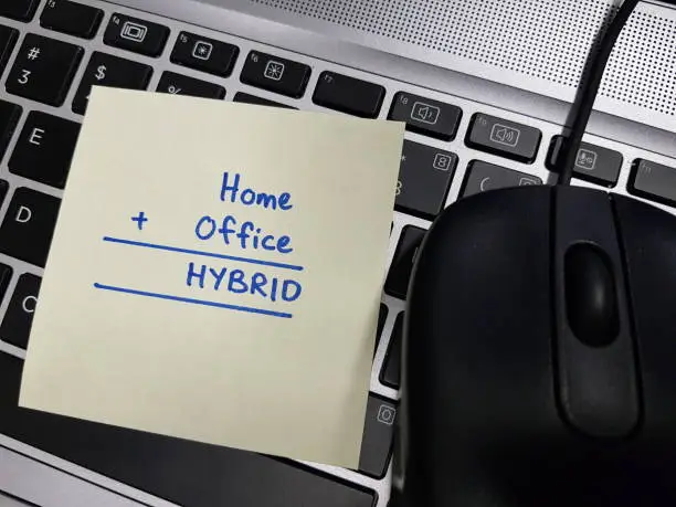 Hybrid working model due to covid-19 pandemic. Work from home or remote or in-office. A sticky pad with the words Home, Office and Hybrid written on it