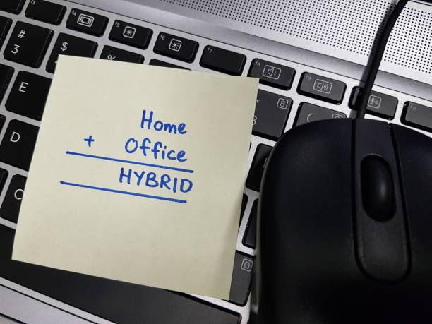 hybrydowy model pracy z powodu pandemii covid-19. pracuj w domu, zdalnie lub w biurze. lepka podkładka z napisami home, office i hybrid - telecommuting zdjęcia i obrazy z banku zdjęć