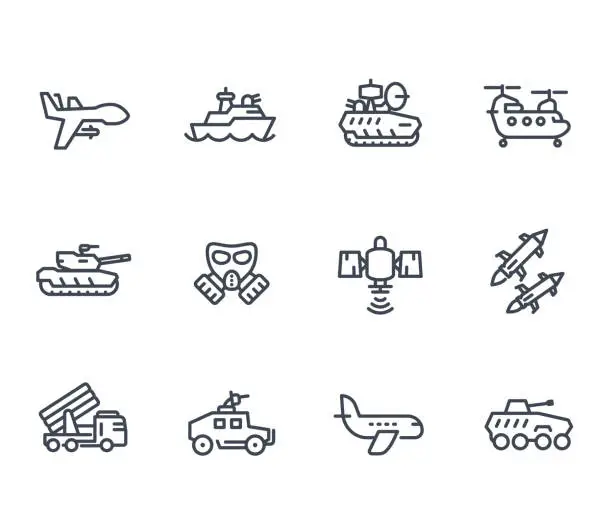 Vector illustration of army line icons on white, vector illustration