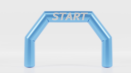 Inflatable arch, start line on sports events, marathon or triathlon races, front view. Blue shiny gate for outdoor competitions. Start finish archway isolated on white background, Realistic 3d render