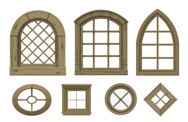 ilustraciones, imágenes clip art, dibujos animados e iconos de stock de conjunto de texturas de ventanas vintage de madera vectorial - wood window