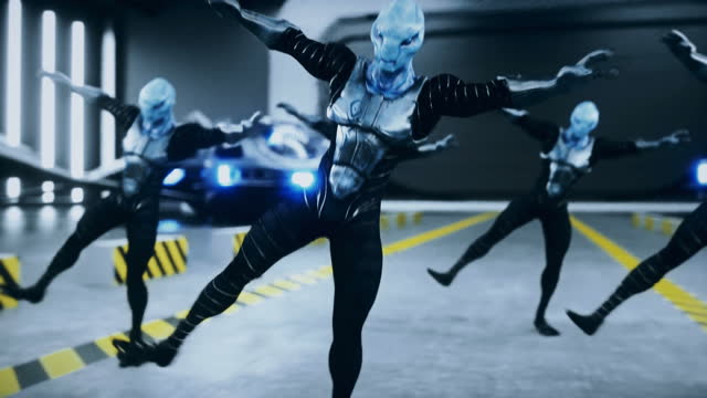 Funny military aliens dance in military space base. Realistic 4k animation.
