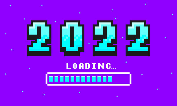 2022 pixel art banner for New Year. 2022 numbers in 8-bit retro games style and loading bar. Pixelated happy New Year and Merry Christmas holiday card or banner. 2022 pixel art banner for New Year. 2022 numbers in 8-bit retro games style and loading bar. Pixelated happy New Year and Merry Christmas holiday card or banner. Vector. video game banners stock illustrations