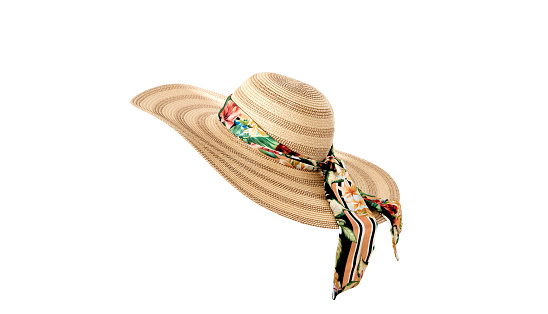 Beach hat with scarf tied, isolated on white background