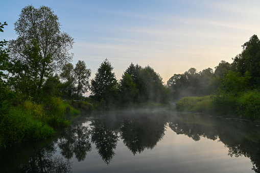 The river is covered with morning fog at sunrise, surrounded by a dense green forest. Wild nature. Summer landscape. Active weekend vacations wild nature outdoor.