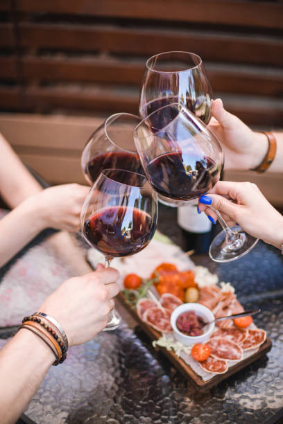 Friends drinking red wine in a bar Red wine tasting with a plate of antipasti: cheese, olives, meats, cocktails tomatoes and sauce appetizer plate stock pictures, royalty-free photos & images