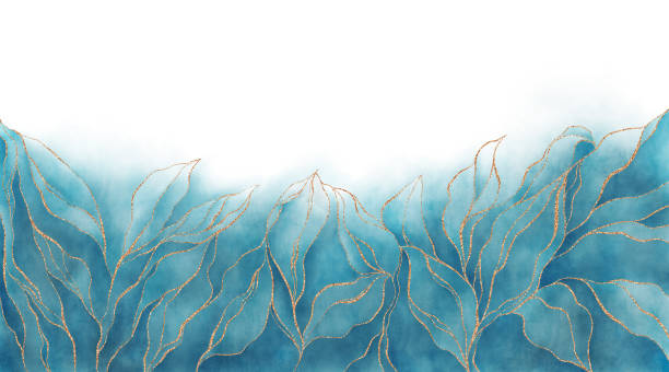 Blue Watercolor background. Golden line leaves drawn by brush. Textured paper with blank space. Veins of marble texture. Winter pattern border. Elegant luxury wallpaper hand painted Blue Watercolor background. Golden line leaves drawn by brush. Textured paper with blank space. Veins of marble texture. Winter pattern border. Elegant luxury wallpaper hand painted for design, print. winter cloth pictures stock illustrations