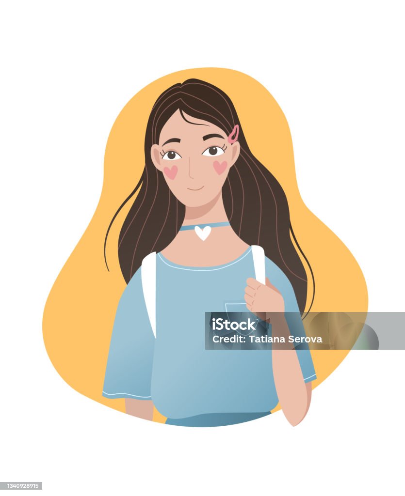 Young Student Girl Cartoon Flat Vector Illustration Cute Happy Teenager  Wearing Blue Tshirt And Choker Holding Backpack Isolated On White  Background Bright Colorful Youth Lifestyle School Girl Stock Illustration -  Download Image
