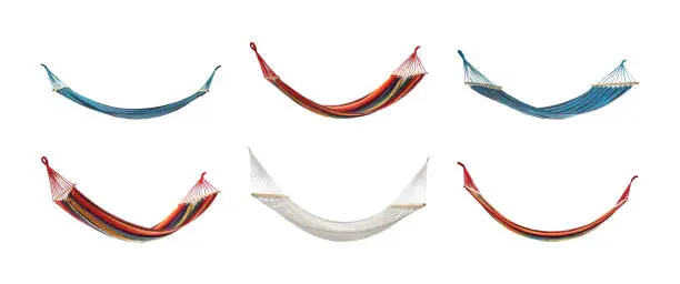Set with different hammocks on white background. Banner design