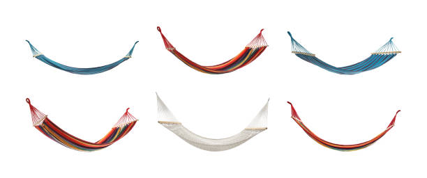 set with different hammocks on white background. banner design - hammock imagens e fotografias de stock