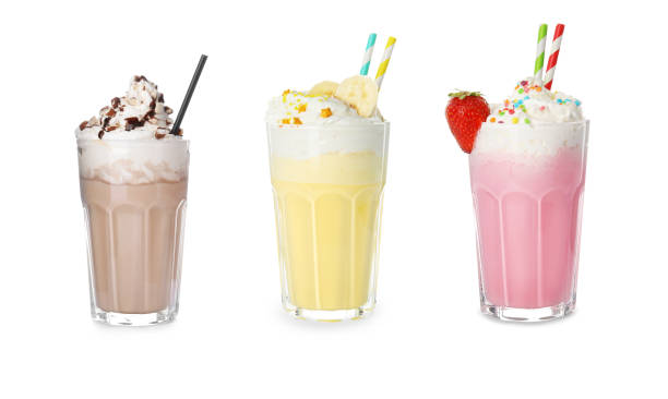 istock Set of glasses with different protein shakes on white background 1340930660