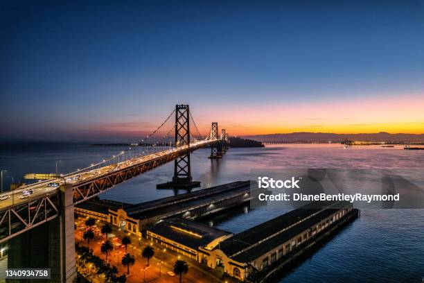 Night Aerial View Of Bay Bridge Stock Photo - Download Image Now - San Francisco - California, Bridge - Built Structure, Dawn