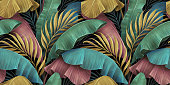 istock Tropical luxury exotic seamless pattern, pastel colorful banana leaves, palm. 1340935700