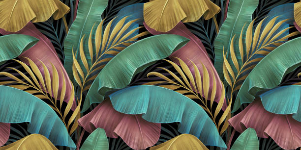 Tropical luxury exotic seamless pattern, pastel colorful banana leaves, palm. Hand-drawn vintage 3D illustration. Dark glamorous bright background design. For wallpapers, cloth, fabric printing, goods colorful nature background stock illustrations