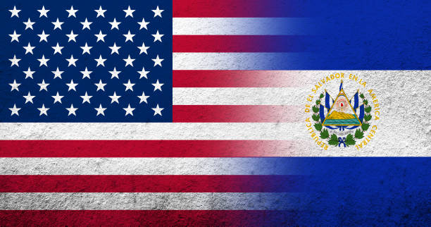 illustrazioni stock, clip art, cartoni animati e icone di tendenza di bandiera nazionale degli stati uniti d'america (usa) con bandiera nazionale di el salvador. sfondo grunge - salvadoran flag