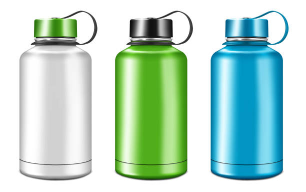 Blank insulated water bottle isolated on white background, vector mockup. Stainless steel sport flask, mock-up. Template for design. Color set. Easy to recolor Blank insulated water bottle isolated on white background, vector mockup. Stainless steel sport flask, mock-up. Template for design. Color set. Easy to recolor blue reusable water bottle stock illustrations