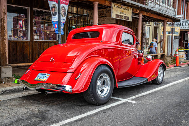 1934 Ford Model 40B Deluxe 3 Window Coupe Virginia City, NV - July 30, 2021: 1934 Ford Model 40B Deluxe 3 Window Coupe at a local car show. 1934 stock pictures, royalty-free photos & images