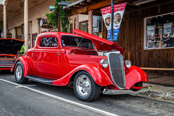 1934 Ford Model 40B Deluxe 3 Window Coupe Virginia City, NV - July 30, 2021: 1934 Ford Model 40B Deluxe 3 Window Coupe at a local car show. 1934 stock pictures, royalty-free photos & images