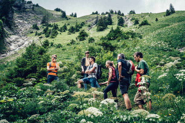 view of friends hiking through grassy meadow - people traveling journey group of people hiking imagens e fotografias de stock