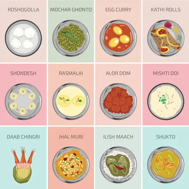 Vector illustration of Indian Bengali Food. Egg Curry Kathi Rolls Roshogolla Rasmalai