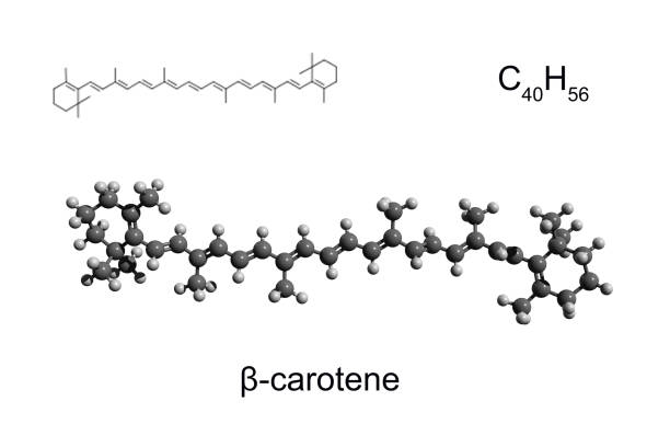 chemische formel, strukturformel und 3d-ball-and-stick-modell eines pigments beta-carotin - carotin stock-fotos und bilder