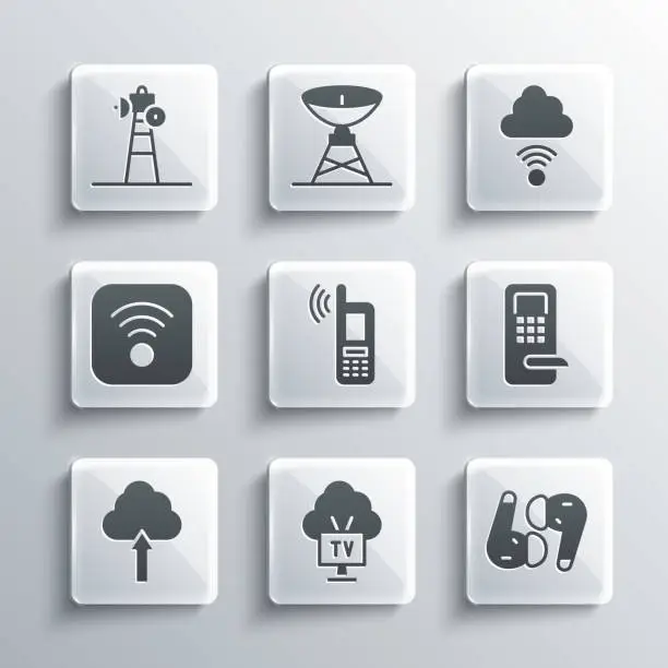 Vector illustration of Set Smart Tv, Air headphones, Digital door lock, Mobile with wi-fi wireless, Cloud upload, Wi-Fi internet, Satellite dish and Network cloud connection icon. Vector