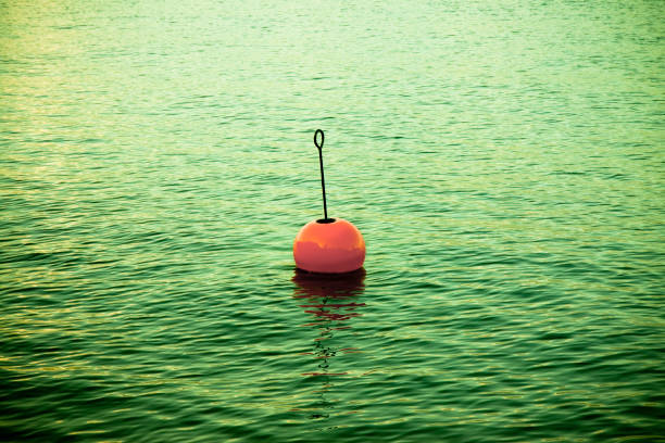 Plastic red bouy on a calm lake - toned image with copy space