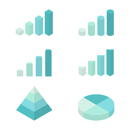 Business blue analysis symbols for reports and presentations. Isometric graph, pyramid and pie chart set. Big data concept. Infographic 3D elements collection. Vector illustration isolated