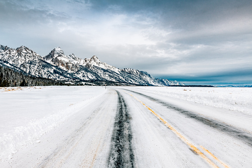 Empty snowy roads of Wyoming in winter