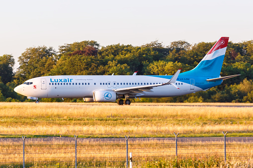 Findel, Luxembourg - June 24, 2020: Luxair Boeing 737-800 airplane at Findel Airport (LUX) in Luxembourg. Boeing is an American aircraft manufacturer headquartered in Chicago.