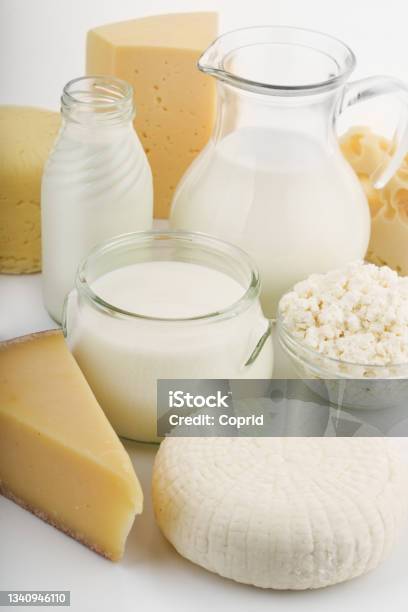 Fresh Dairy Products Stock Photo - Download Image Now - Dairy Product, Dairy Farm, White Background