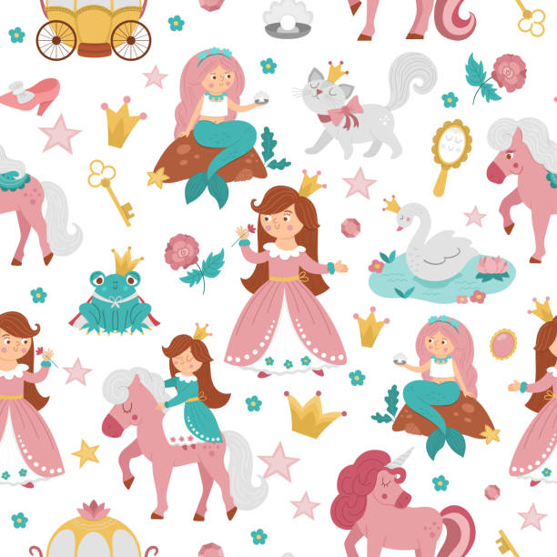 ilustrações de stock, clip art, desenhos animados e ícones de fairy tale princess seamless pattern. repeat background with fantasy girl, carriage, mermaid, unicorn frog prince, swan. medieval fairytale maid digital paper. girlish cartoon magic texture - swan princess cartoon crown