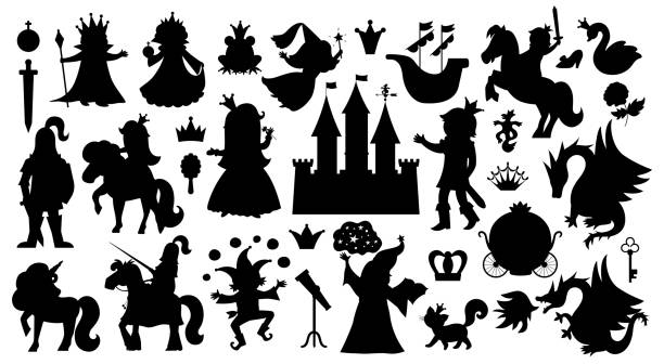 Fairy tale characters and objects silhouettes collection. Big black and white vector set of fantasy princess, king, queen, knight, unicorn, dragon. Medieval fairytale castle shadows pack Fairy tale characters and objects silhouettes collection. Big black and white vector set of fantasy princess, king, queen, knight, unicorn, dragon. Medieval fairytale castle shadows pack black knight stock illustrations