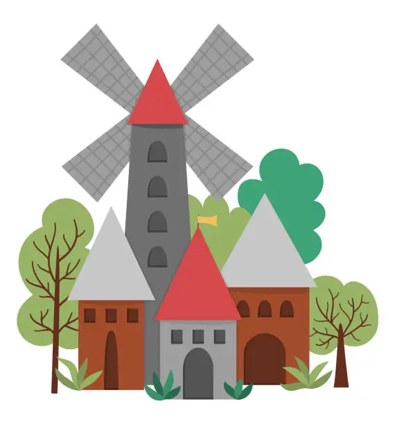 Vector illustration of Vector Medieval village icon with windmill isolated on white background. Magic kingdom picture. Stone and wooden building. Countryside with towers, houses, trees. Fairy tale country town illustration