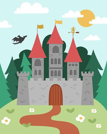 Vector fairytale landscape with castle on a hill. Fairy tale background. Magic kingdom picture. Scenery with medieval stone palace, towers, flags, trees, flying dragon. Fairy tale king house illustration