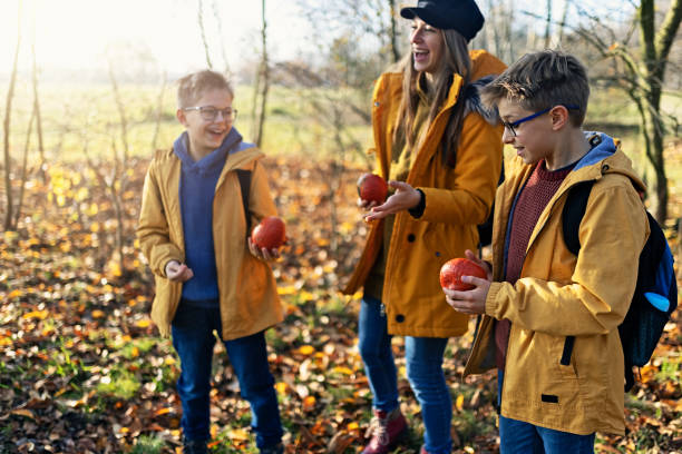 Children hiking in autumn forest. They are playing with autumn pumpkins.\nShow with Canon R5