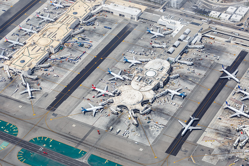 Los Angeles, California - April 14, 2019: Aerial view of Los Angeles International Airport (LAX) Terminals in California.
