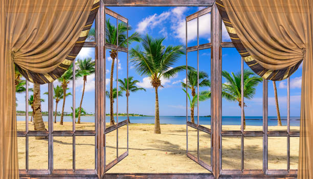 istock nature landscape  through a window with curtains 1340948842
