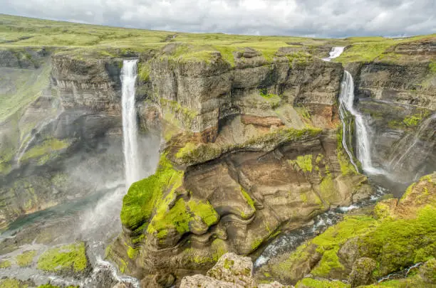 Haifoss and Granni Waterfalls in the beautiful and unique island nation of Iceland in Europe.