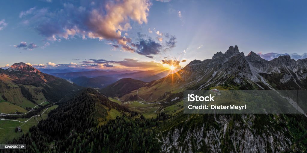 Mount Bischofsmütze at Dachstein massif  - sunrise mountain aerial panoramic view Austria, Europe, Gosau, Styria, Dachstein, Filzmoos Austria Stock Photo