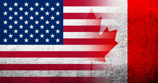 illustrazioni stock, clip art, cartoni animati e icone di tendenza di bandiera nazionale degli stati uniti d'america (usa) con bandiera nazionale del canada. sfondo grunge - canadian flag immagine