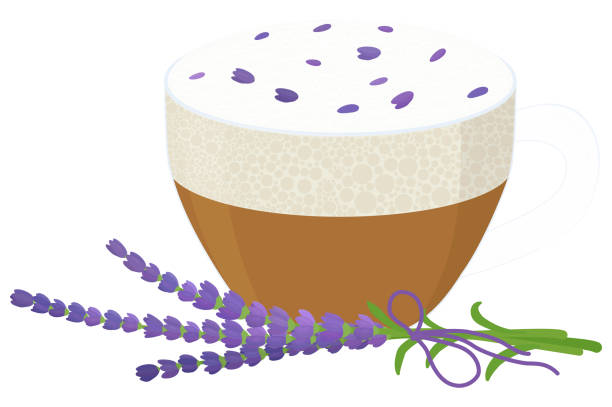 stockillustraties, clipart, cartoons en iconen met lavender raf coffee in transparent glass cup - hot chocolate purple