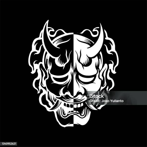 Black And White Traditional Japanese Oni Mask Tattoo Tshirt Lifestyle Design Branding Identity Illustration Stock Illustration - Download Image Now