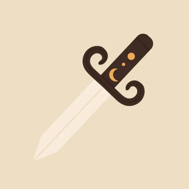 Vector illustration of Dagger icon. Dagger knife, sword decorated with a golden moon. Vector illustration in cartoon style.